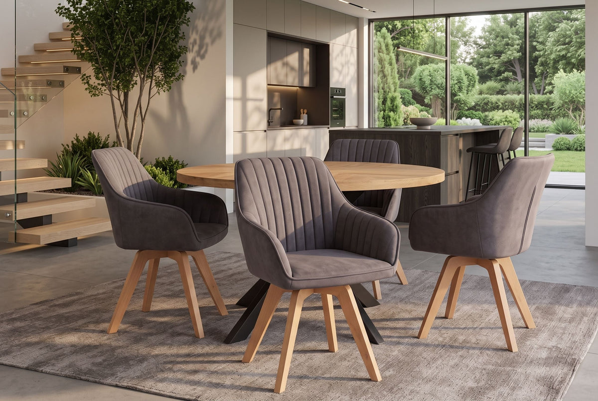 Lot de 2x Chaise design pivotante LIVORNO vintage gris pieds en bois de hêtre avec accoudoirs