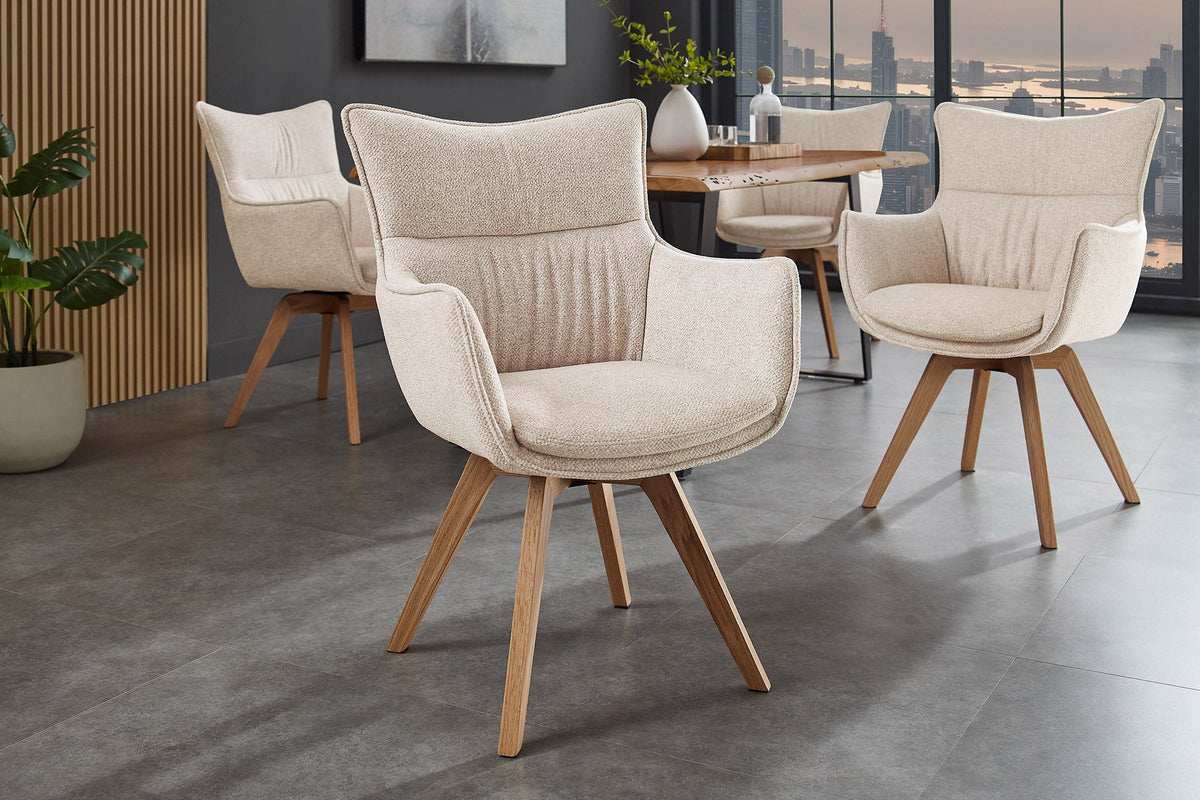 Lot de 2x Chaise design pivotante VOGUE beige naturel tissu structuré bois de chêne 360° avec accoudoir