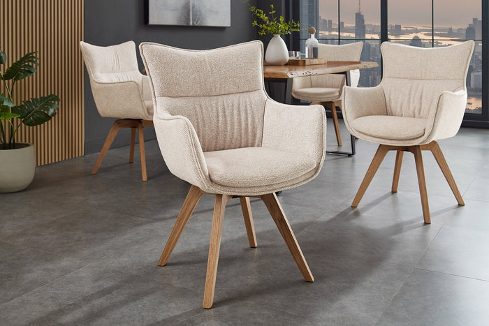 Lot de 2x Chaise design pivotante VOGUE beige naturel tissu structuré bois de chêne 360° avec accoudoir