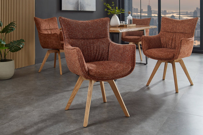 Lot de 2x Chaise design pivotante VOGUE brun rouille naturel tissu structuré chêne 360° avec accoudoir