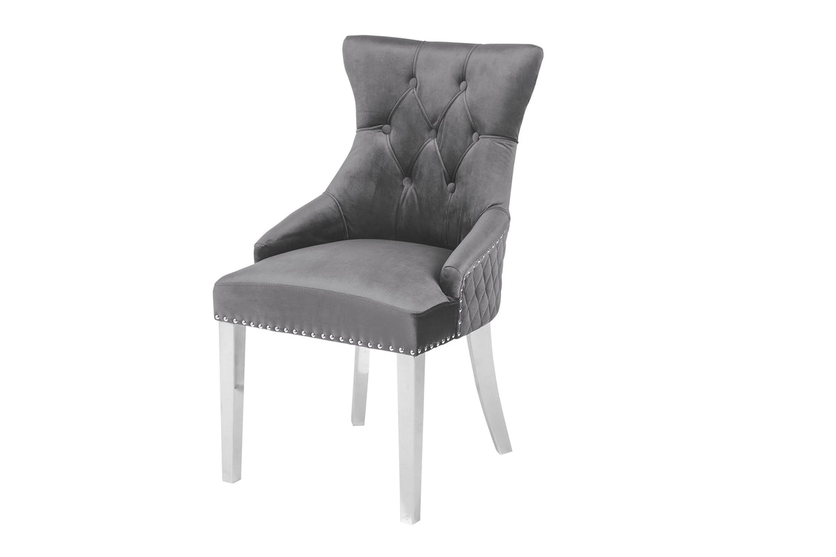 Lot de 2x Chaise élégante CASTLE DELUXE gris velours tête de lion Chesterfield Design chaise de salle à manger clous