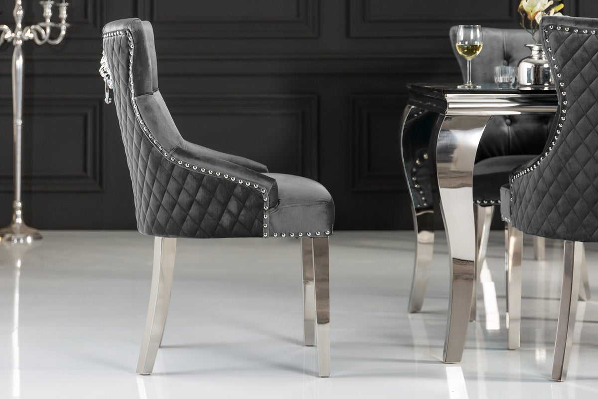 Lot de 2x Chaise élégante CASTLE DELUXE gris velours tête de lion Chesterfield Design chaise de salle à manger clous