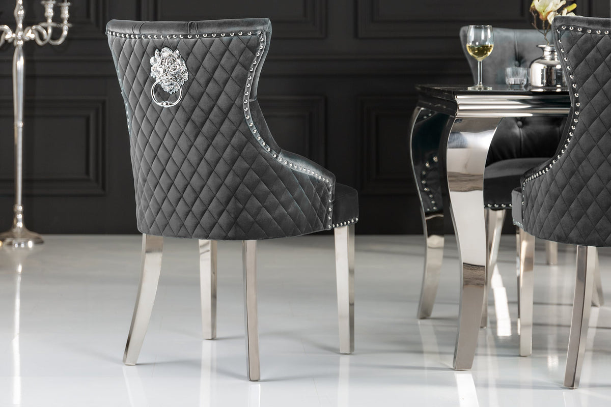 Lot de 2x Chaise élégante CASTLE DELUXE gris velours tête de lion Chesterfield Design chaise de salle à manger clous
