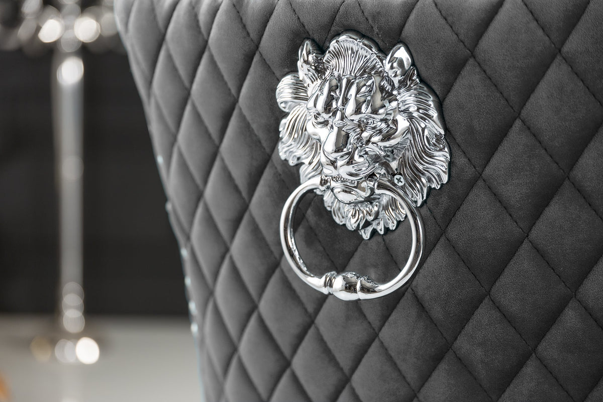 Lot de 2x Chaise élégante CASTLE DELUXE gris velours tête de lion Chesterfield Design chaise de salle à manger clous