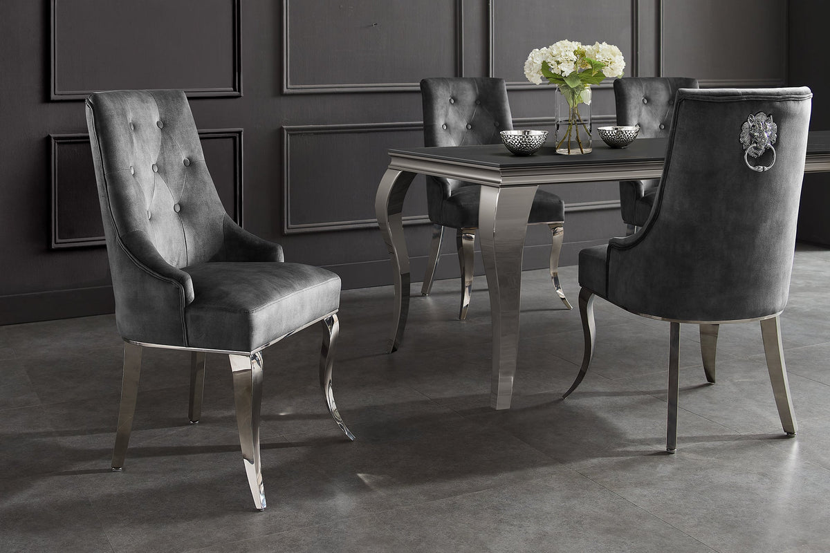 Lot de 2x Chaise MODERN BAROCK DELUXE gris velours argent pieds en acier inoxydable avec tête de lion