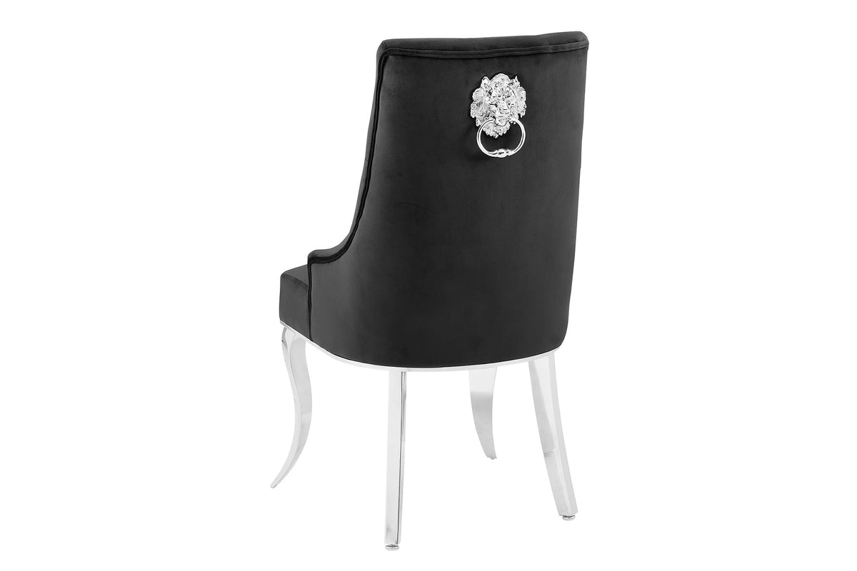 Lot de 2x Chaise MODERN BAROCK DELUXE noir velours argenté pieds en acier inoxydable avec tête de lion