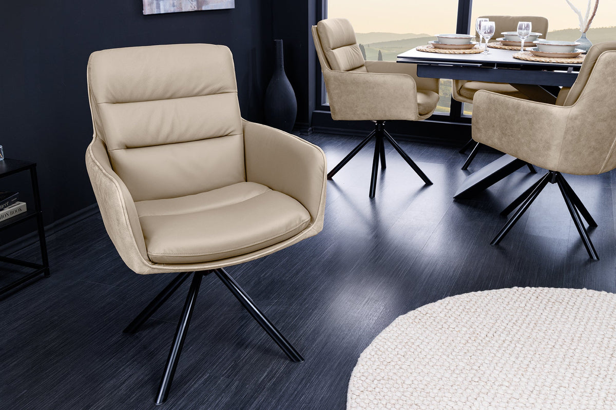 Lot de 2x Chaise pivotante BIG GEORGE beige cuir véritable et microfibre avec accoudoir pieds en métal noir