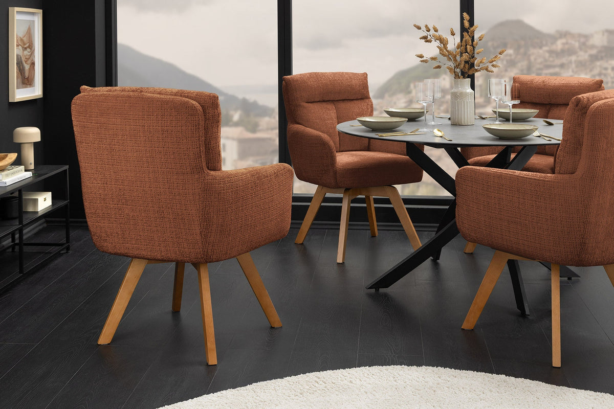 Lot de 2x Chaise pivotante BIG GEORGE brun rouille Chenille Cremona naturel bois de hêtre avec accoudoirs