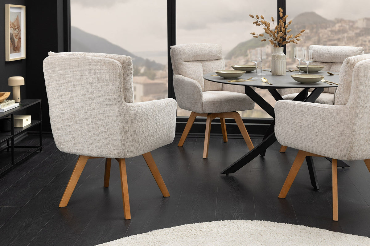 Lot de 2x Chaise pivotante BIG GEORGE champagne Chenille Cremona naturel bois de hêtre avec accoudoirs