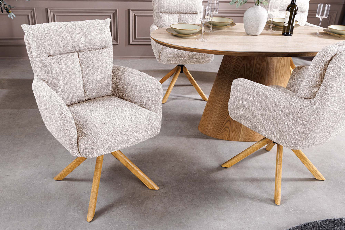 Lot de 2x Chaise pivotante BIG GEORGE champagne grège tissu structuré bois de chêne avec accoudoir