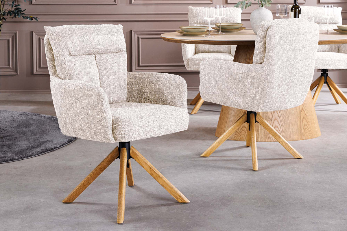 Lot de 2x Chaise pivotante BIG GEORGE champagne grège tissu structuré bois de chêne avec accoudoir