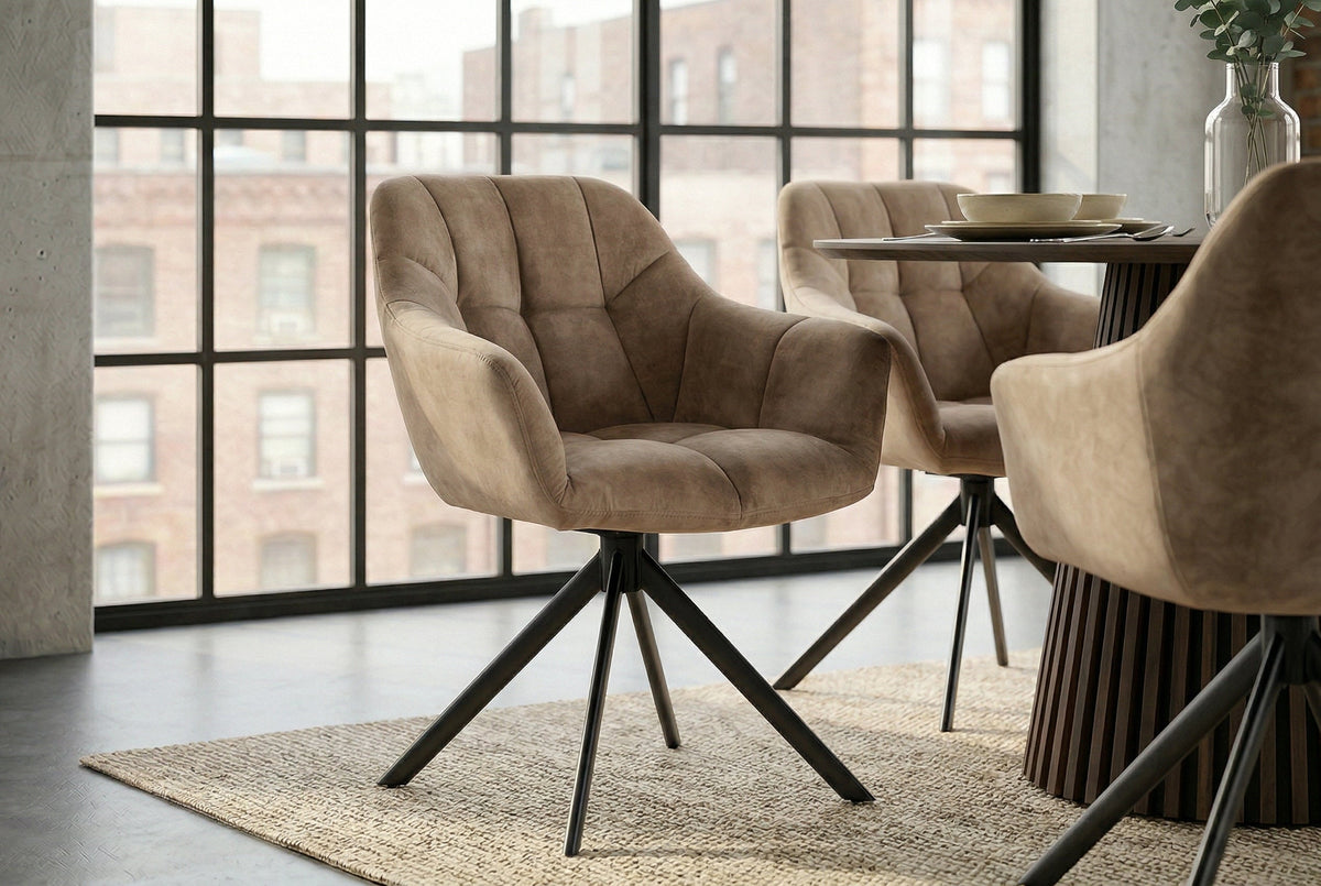 Lot de 2x Chaise pivotante PAPILLON champagne grège velours avec accoudoirs piètement métal noir