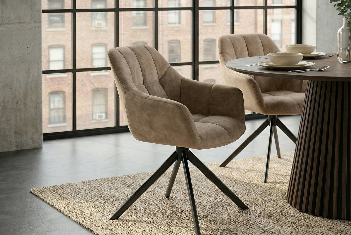 Lot de 2x Chaise pivotante PAPILLON champagne grège velours avec accoudoirs piètement métal noir