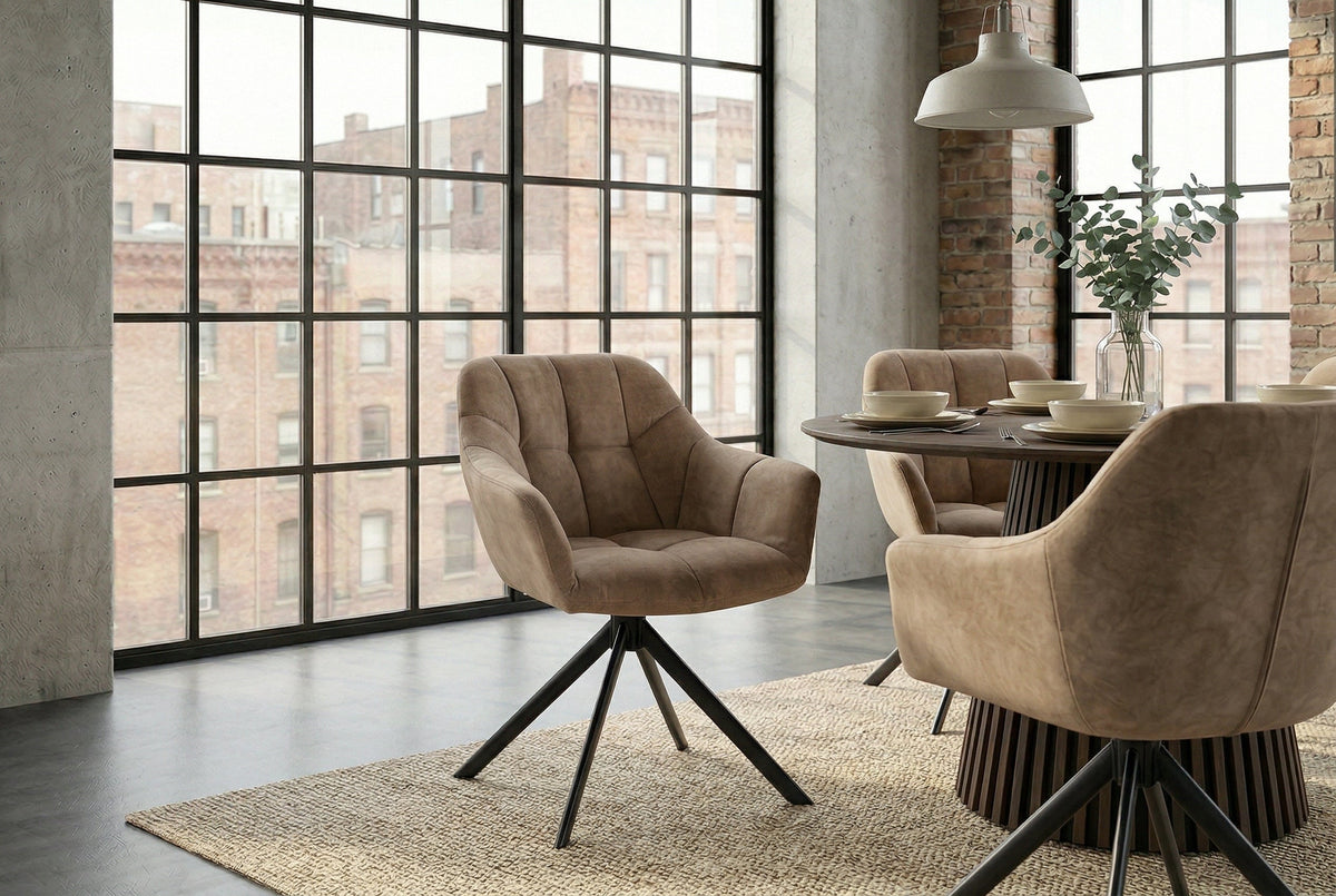 Lot de 2x Chaise pivotante PAPILLON champagne grège velours avec accoudoirs piètement métal noir
