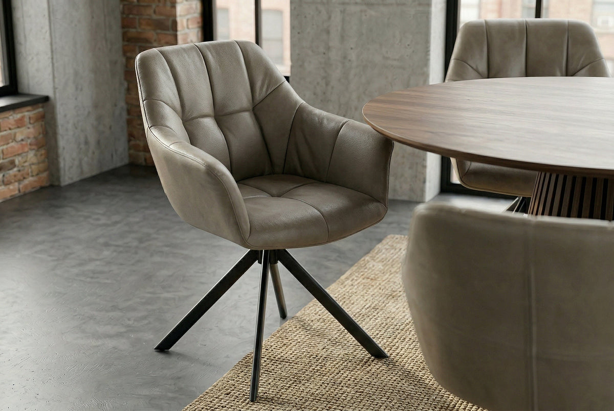 Lot de 2x Chaise pivotante PAPILLON taupe cuir véritable avec accoudoir cadre noir