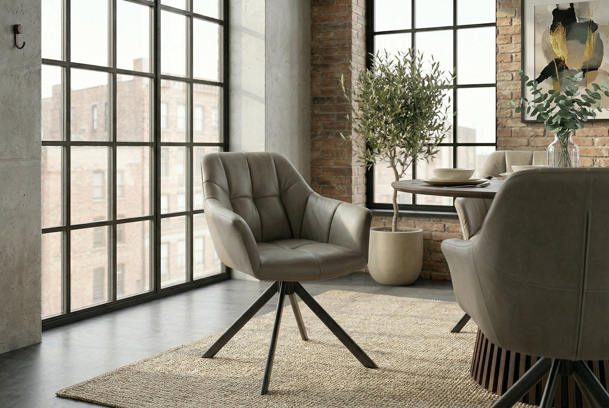 Lot de 2x Chaise pivotante PAPILLON taupe cuir véritable avec accoudoir cadre noir