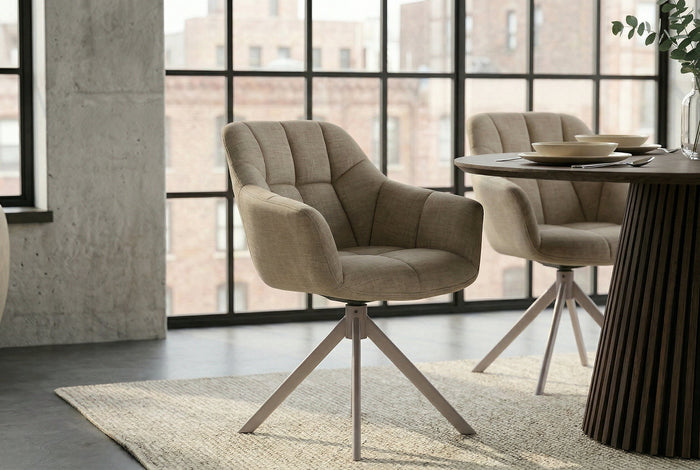 Lot de 2x Chaise pivotante PAPILLON velours beige avec accoudoir champagne grège piètement métallique