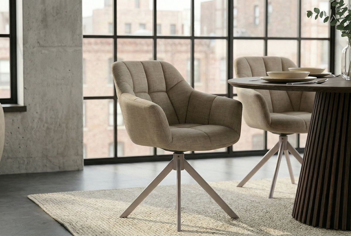 Lot de 2x Chaise pivotante PAPILLON velours beige avec accoudoir champagne grège piètement métallique