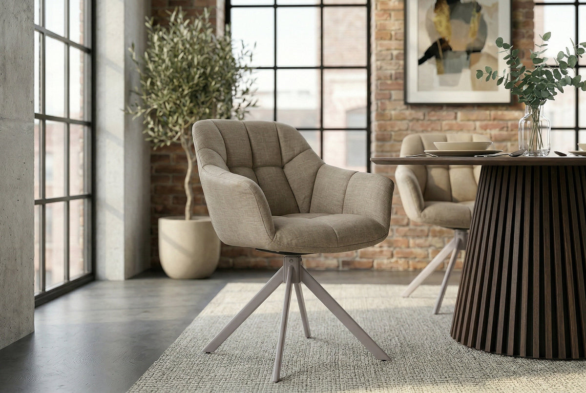 Lot de 2x Chaise pivotante PAPILLON velours beige avec accoudoir champagne grège piètement métallique
