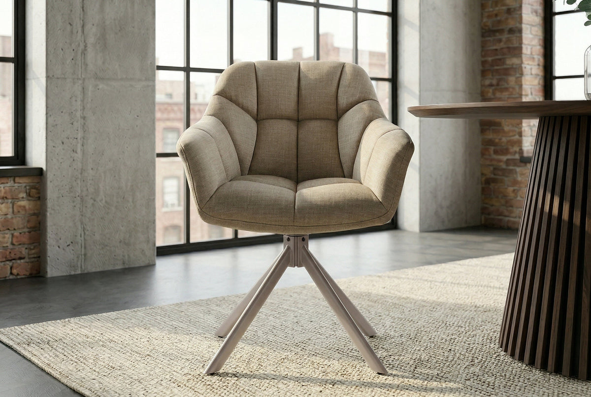 Lot de 2x Chaise pivotante PAPILLON velours beige avec accoudoir champagne grège piètement métallique