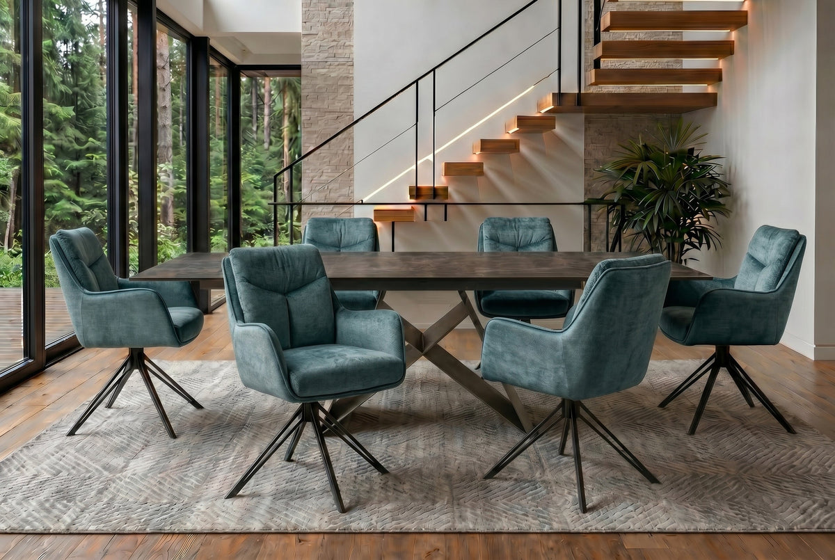Lot de 2x Chaise pivotante PROMETHEUS bleu pétrole Vogue velours à ressorts à poches piètement métallique