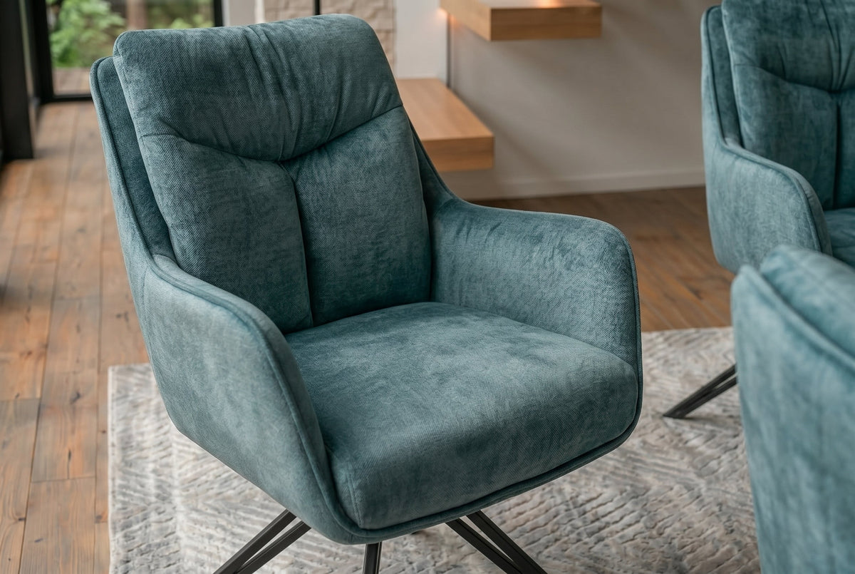 Lot de 2x Chaise pivotante PROMETHEUS bleu pétrole Vogue velours à ressorts à poches piètement métallique
