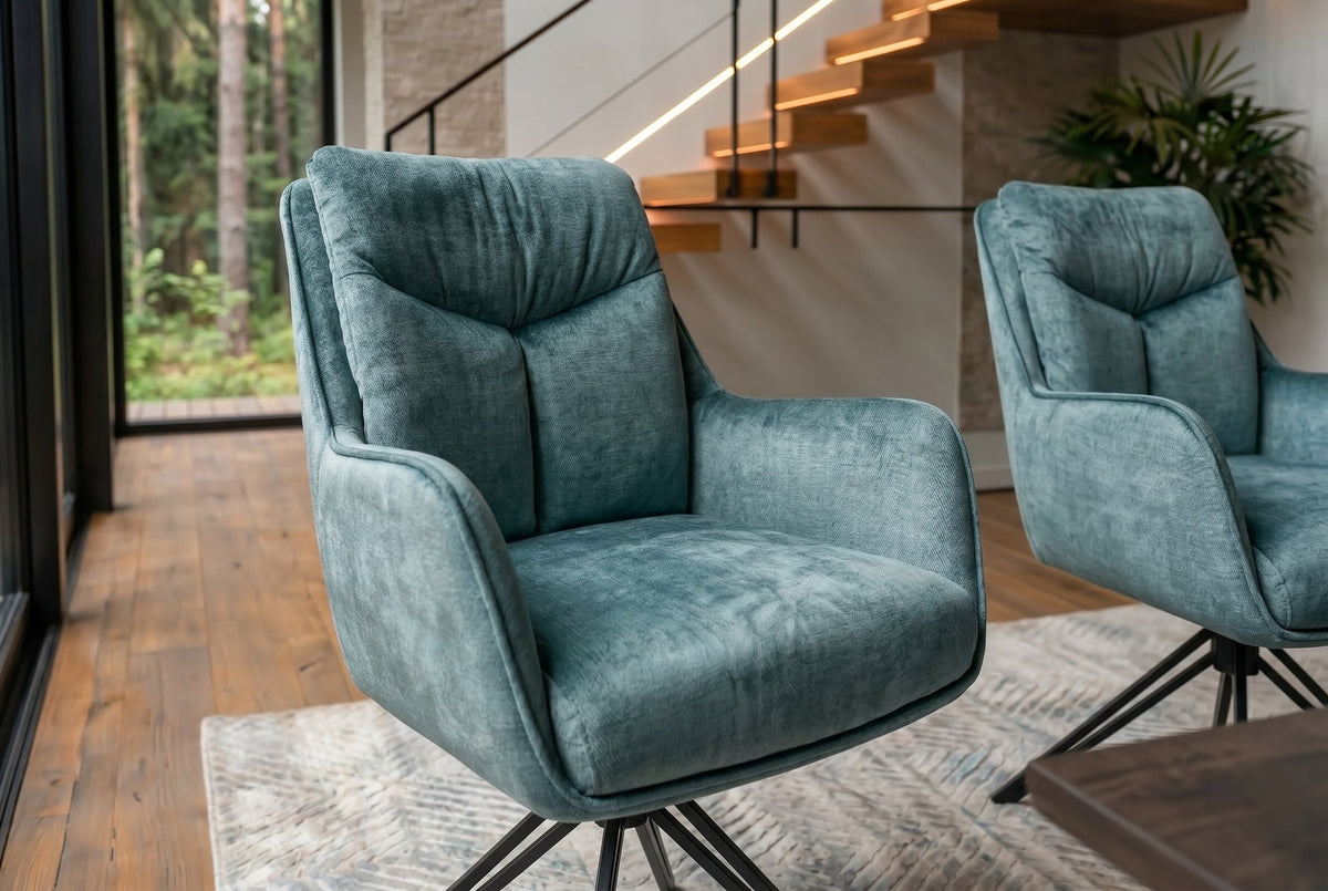 Lot de 2x Chaise pivotante PROMETHEUS bleu pétrole Vogue velours à ressorts à poches piètement métallique