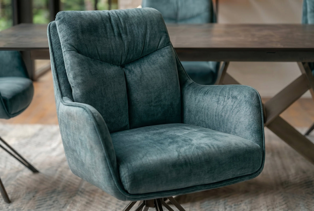 Lot de 2x Chaise pivotante PROMETHEUS bleu pétrole Vogue velours à ressorts à poches piètement métallique