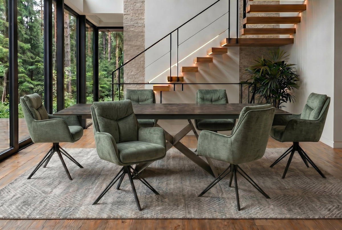 Lot de 2x Chaise pivotante PROMETHEUS vert mousse Vogue Velours velours ressorts ensachés métal