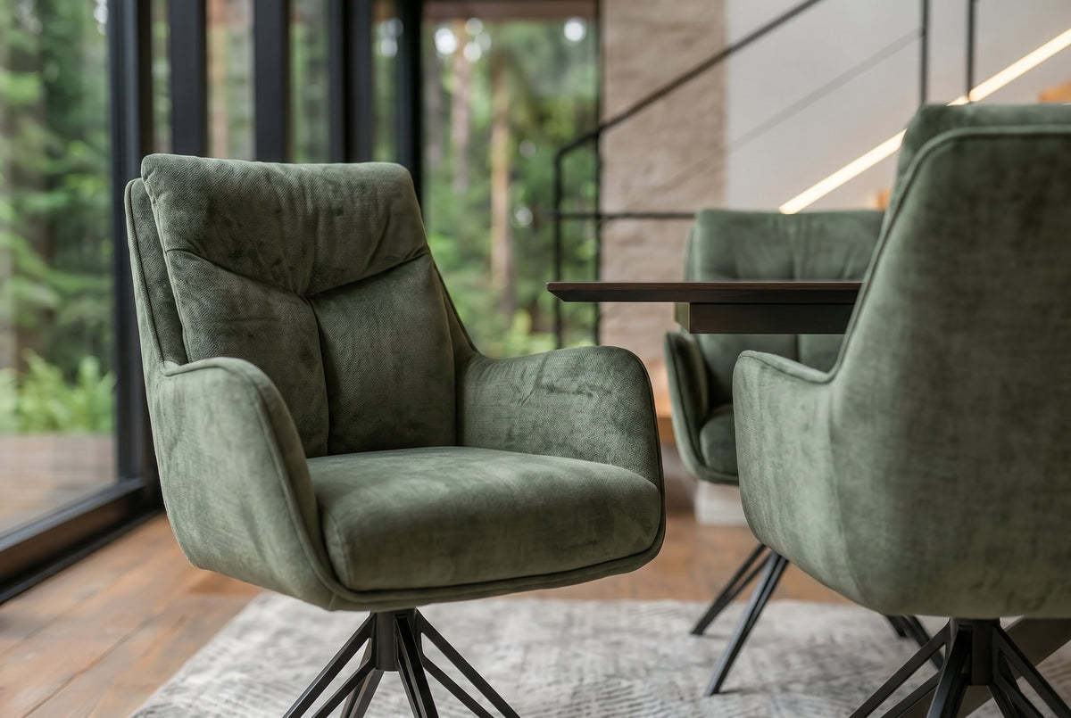 Lot de 2x Chaise pivotante PROMETHEUS vert mousse Vogue Velours velours ressorts ensachés métal
