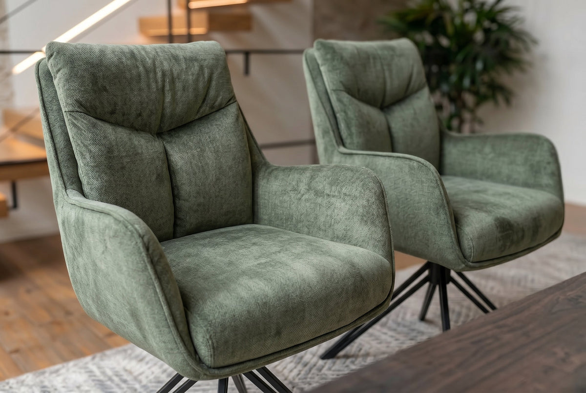 Lot de 2x Chaise pivotante PROMETHEUS vert mousse Vogue Velours velours ressorts ensachés métal