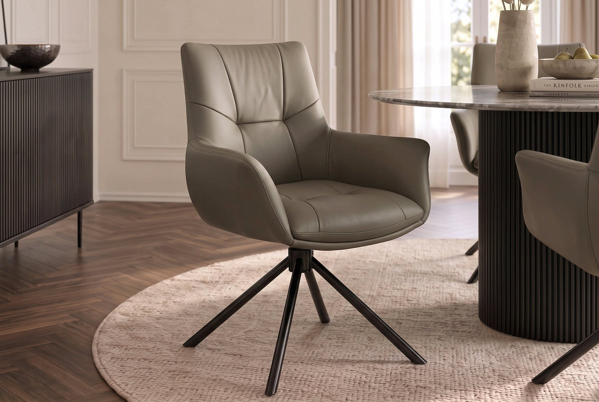Lot de 2x Chaise pivotante SIGNATURE taupe cuir véritable 360° avec ressorts ensachés noir métal