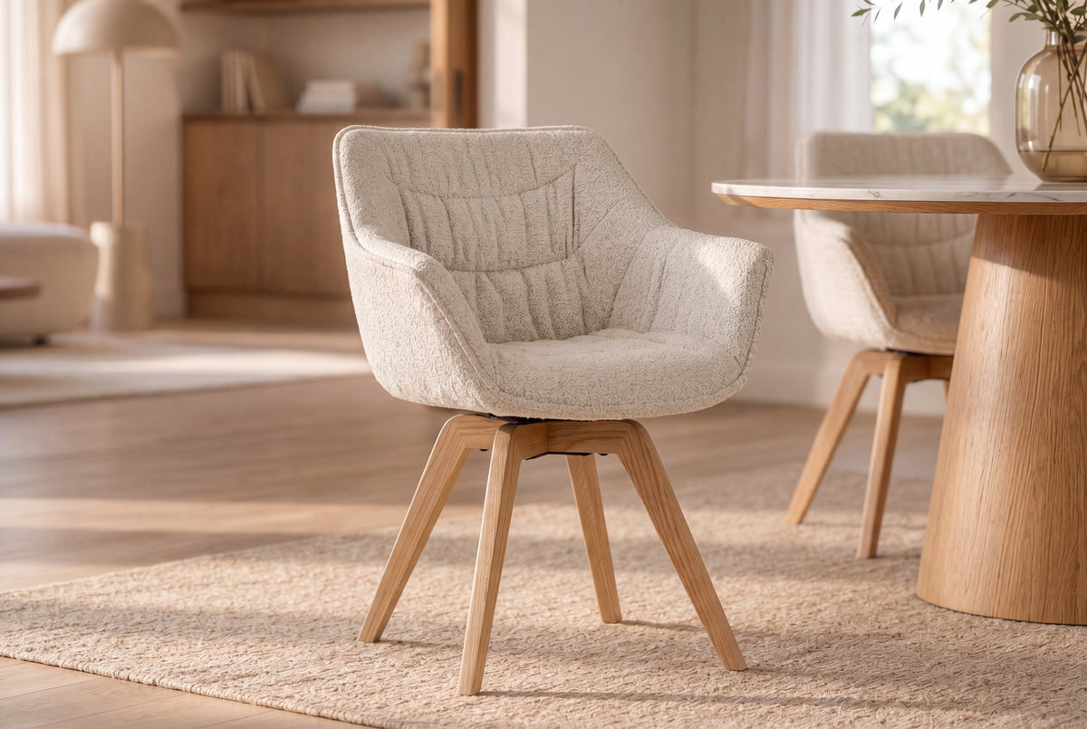 Lot de 2x Chaise pivotante THE DUTCH COMFORT beige Bouclé Tweed Soft bois de chêne