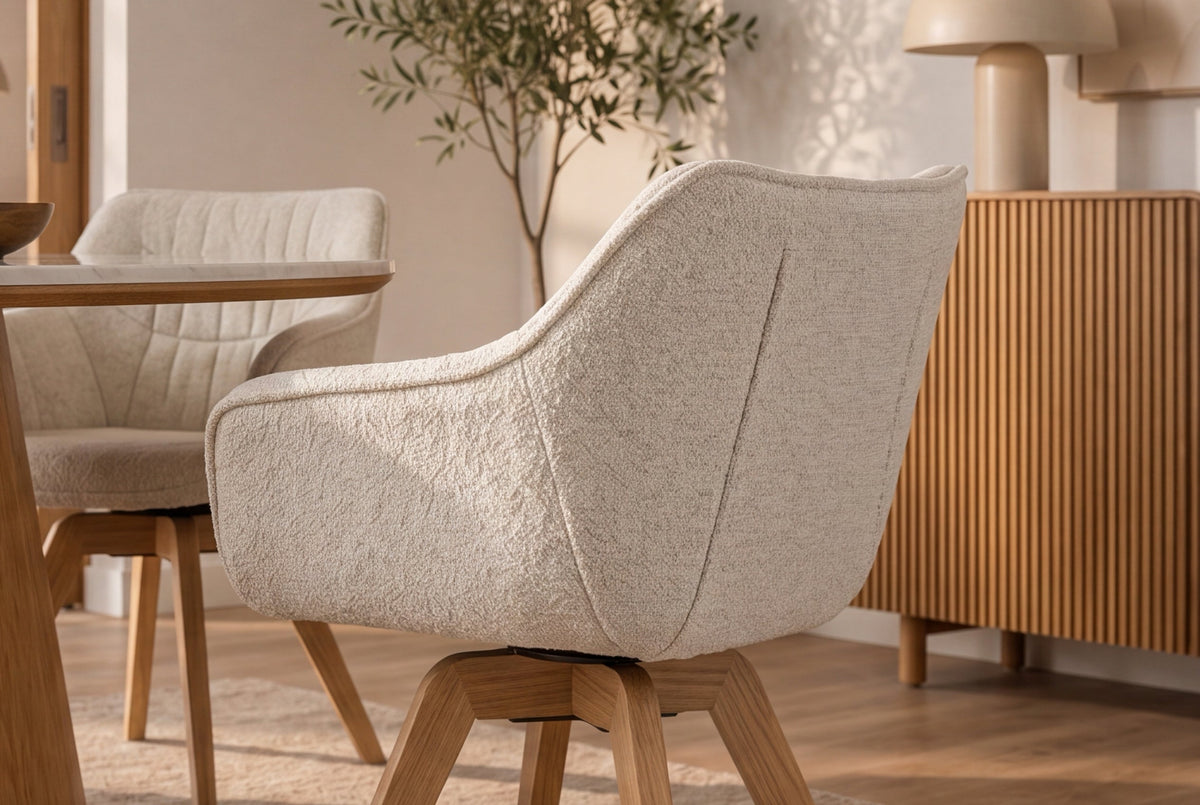 Lot de 2x Chaise pivotante THE DUTCH COMFORT beige Bouclé Tweed Soft bois de chêne