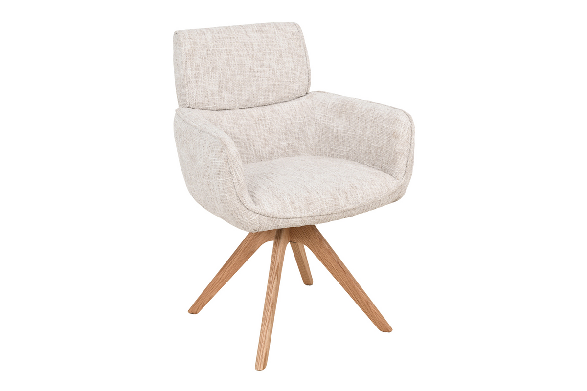 Lot de 2x Chaise pivotante UNIQUE beige chenille pieds en bois de chêne avec accoudoirs