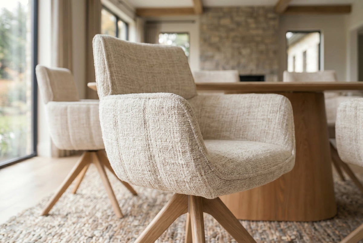 Lot de 2x Chaise pivotante UNIQUE beige chenille pieds en bois de chêne avec accoudoirs