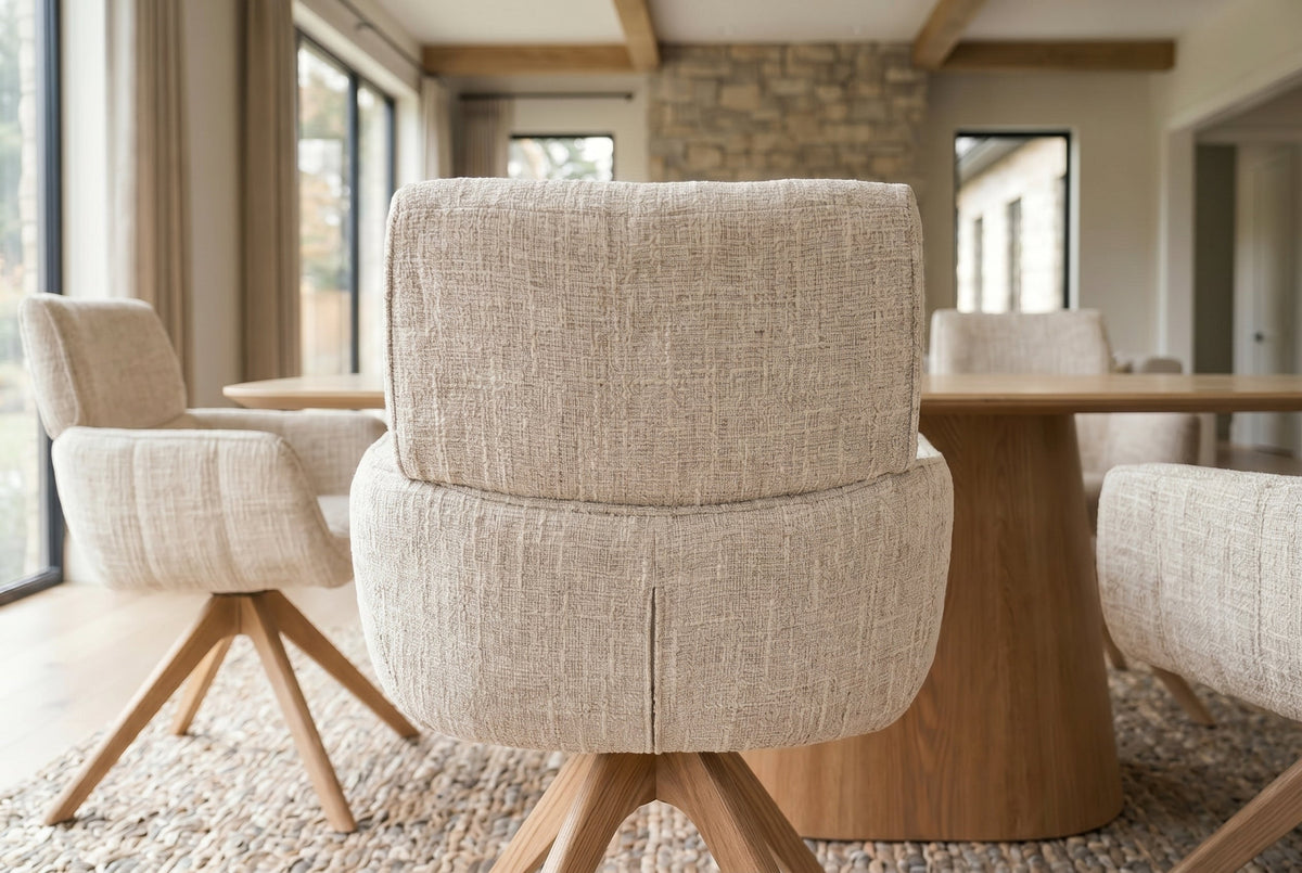 Lot de 2x Chaise pivotante UNIQUE beige chenille pieds en bois de chêne avec accoudoirs