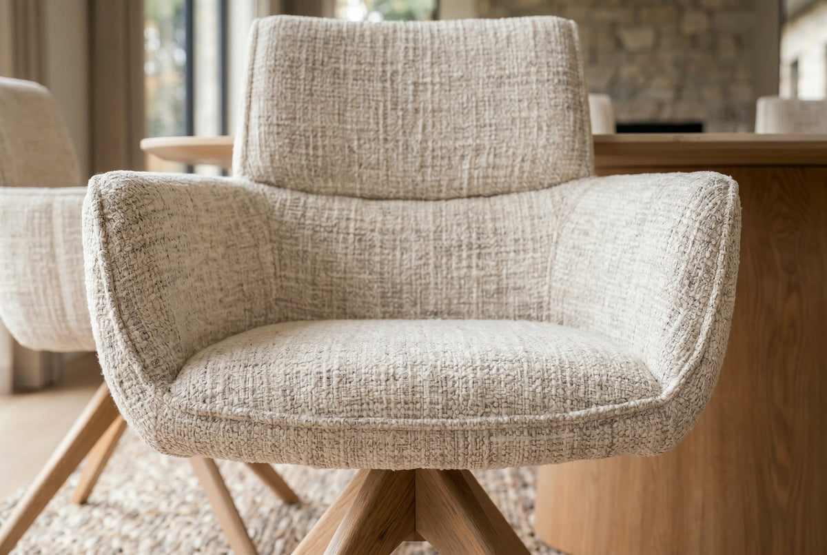 Lot de 2x Chaise pivotante UNIQUE beige chenille pieds en bois de chêne avec accoudoirs