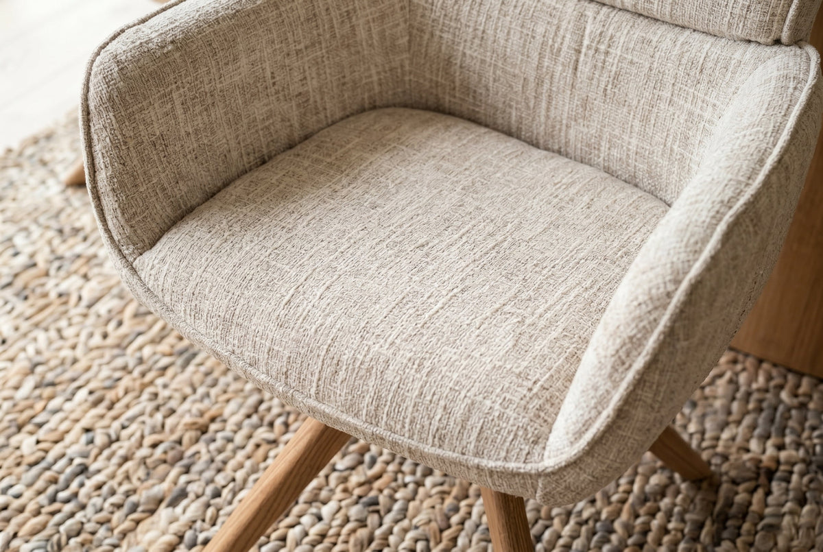 Lot de 2x Chaise pivotante UNIQUE beige chenille pieds en bois de chêne avec accoudoirs