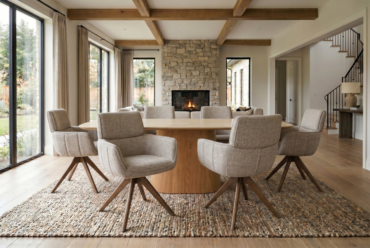 Lot de 2x Chaise pivotante UNIQUE taupe beige tissu structuré pieds en noyer avec accoudoir