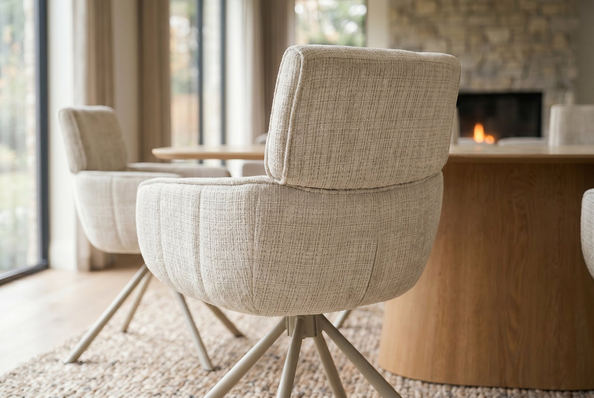 Lot de 2x Chaise rétro pivotante UNIQUE beige chenille Cremona métal champagne-beige