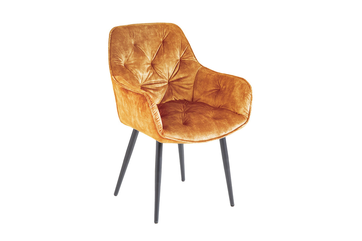 Lot de 2x Design chaise MILANO jaune moutarde velours avec accoudoir surpiqûre décorative rembourré pieds noirs en métal