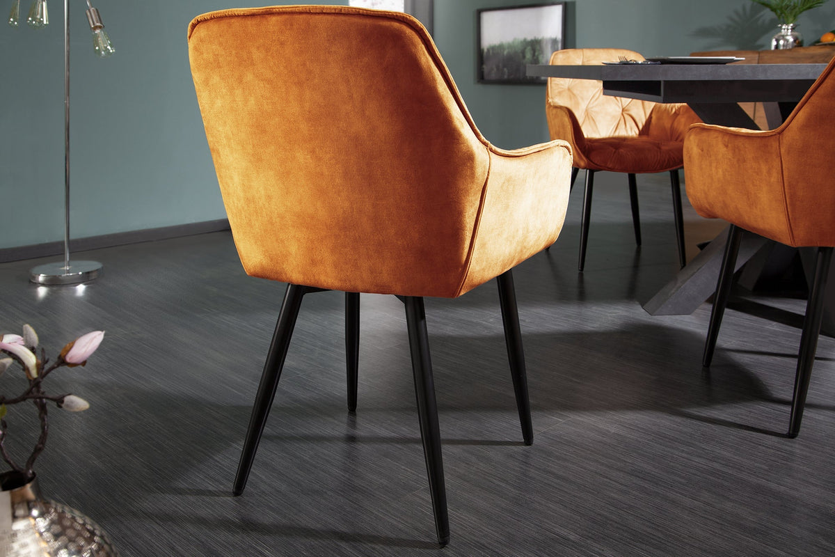 Lot de 2x Design chaise MILANO jaune moutarde velours avec accoudoir surpiqûre décorative rembourré pieds noirs en métal