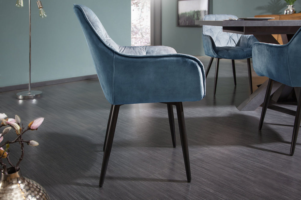 Lot de 2x Design chaise MILANO pétrole velours avec accoudoir surpiqûre décorative rembourrée pieds métalliques noirs