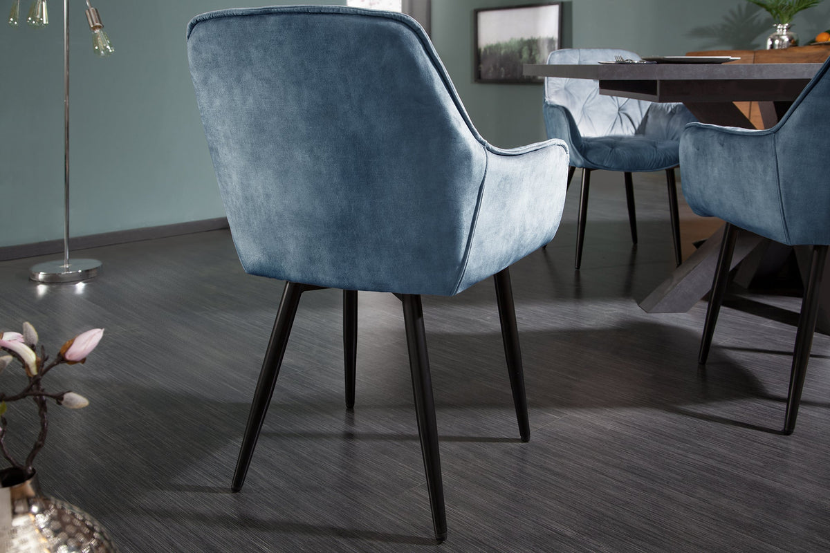 Lot de 2x Design chaise MILANO pétrole velours avec accoudoir surpiqûre décorative rembourrée pieds métalliques noirs