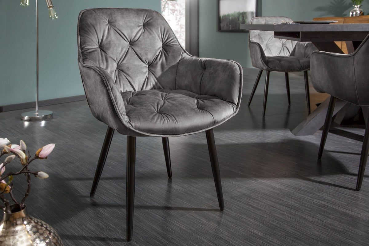 Lot de 2x Design chaise MILANO vert velours avec accoudoir surpiqûre décorative rembourrée pieds métalliques noirs
