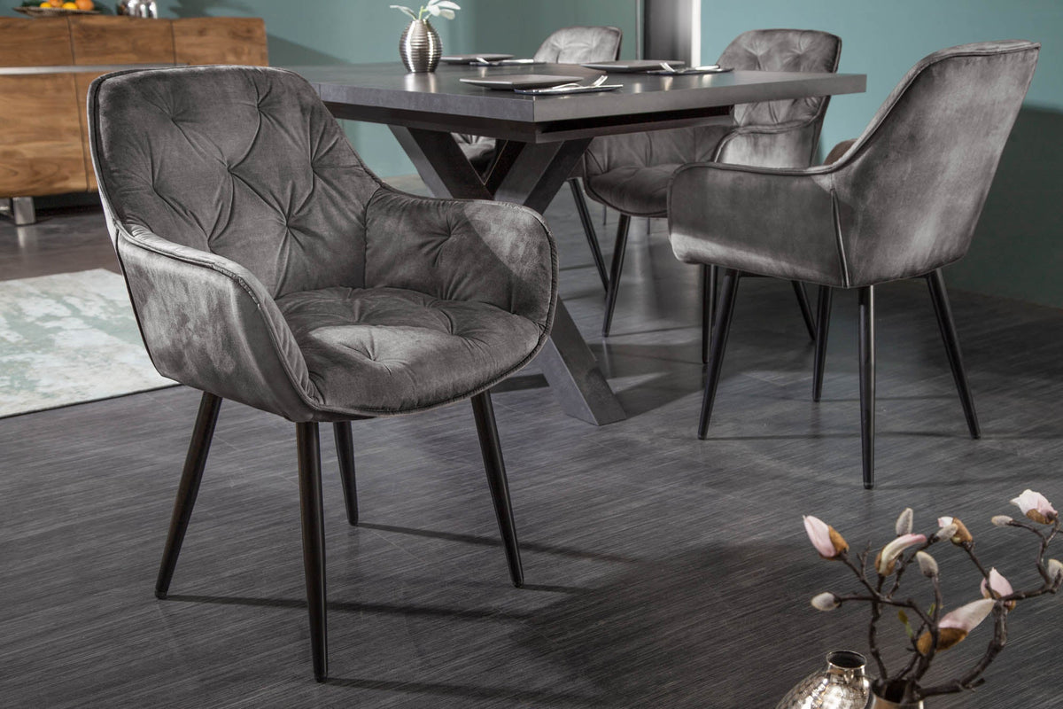Lot de 2x Design chaise MILANO vert velours avec accoudoir surpiqûre décorative rembourrée pieds métalliques noirs