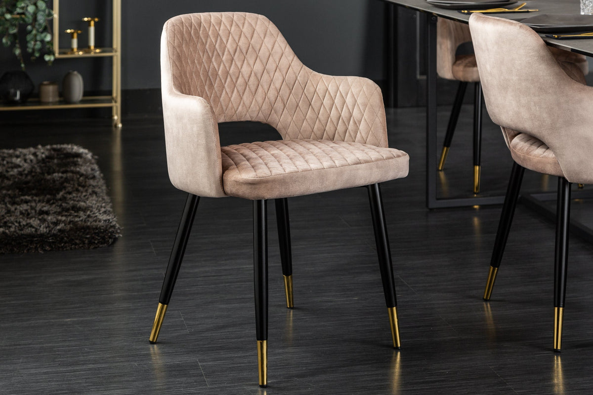 Lot de 2x Design chaise PARIS greige velours avec accoudoirs surpiqûre décorative embouts de pied dorés