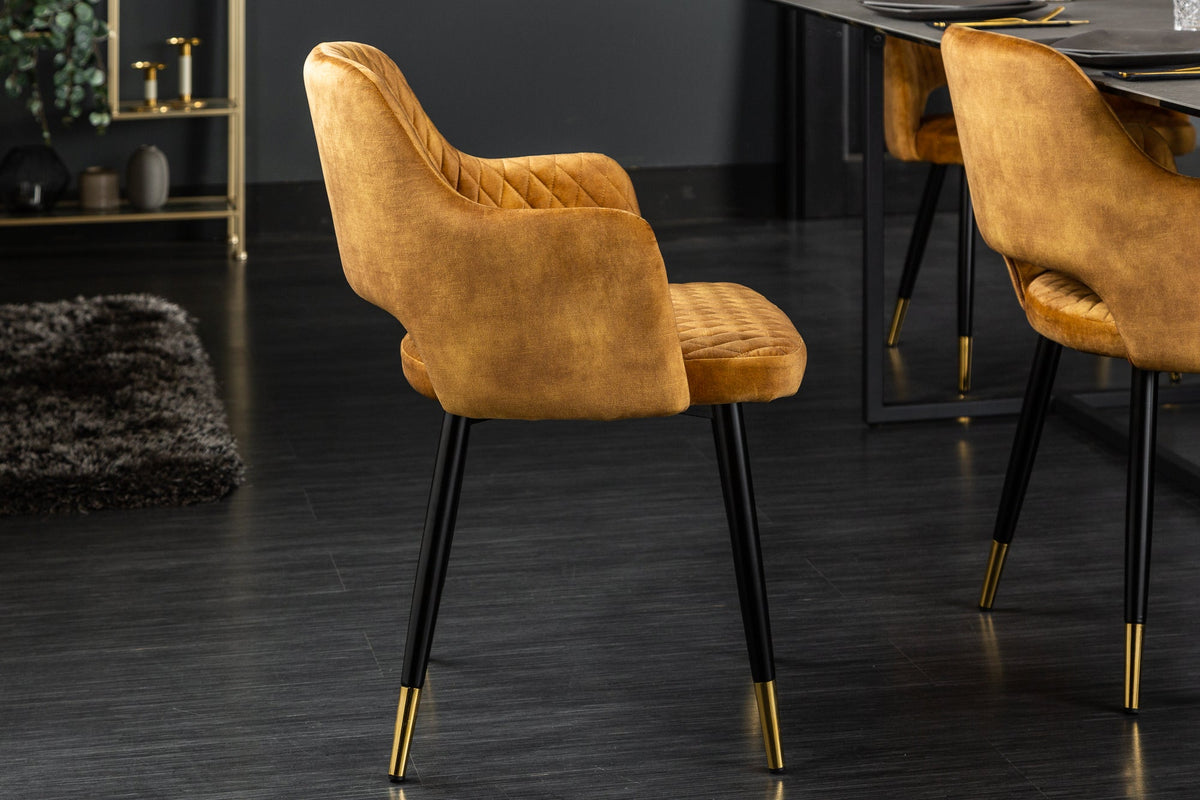 Lot de 2x Design chaise PARIS moutarde velours avec accoudoirs surpiqûre décorative embouts de pied dorés