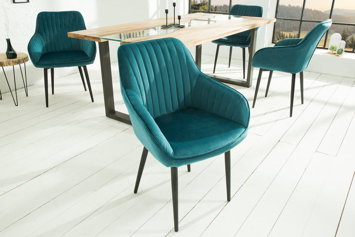 Lot de 2x Élégant fauteuil à accoudoirs TURIN turquoise velours avec surpiqûre décorative